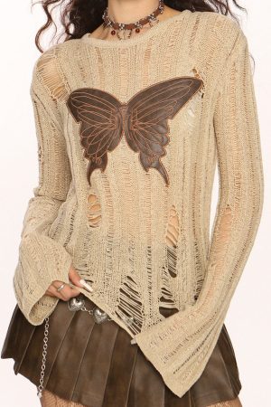 Casual Day Outfits, Easy Trendy Outfits Grunge Aesthetic Butterfly Knit Top