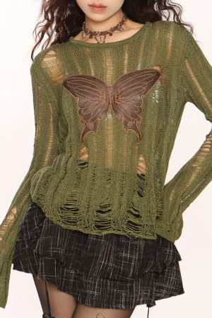 Casual Day Outfits, Easy Trendy Outfits Grunge Aesthetic Butterfly Knit Top
