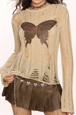 Casual Day Outfits, Easy Trendy Outfits Grunge Aesthetic Butterfly Knit Top