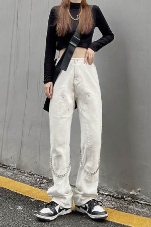 Casual Day Outfits, Easy Trendy Outfits Grunge Aesthetic Chain Jeans