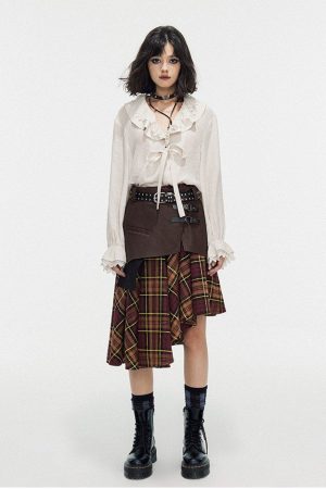 Casual Day Outfits, Easy Trendy Outfits Grunge Asymmetrical Plaid Skirt