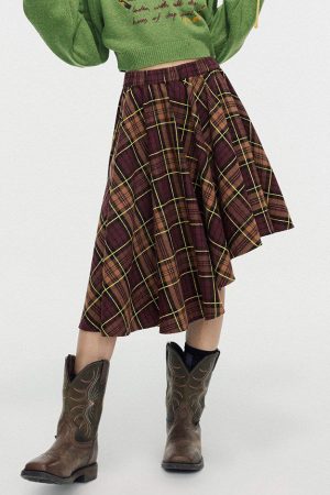 Casual Day Outfits, Easy Trendy Outfits Grunge Asymmetrical Plaid Skirt