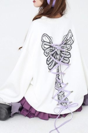 Casual Day Outfits, Easy Trendy Outfits Grunge Lace-Up Butterfly Skeleton Sweatshirt