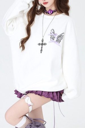 Casual Day Outfits, Easy Trendy Outfits Grunge Lace-Up Butterfly Skeleton Sweatshirt