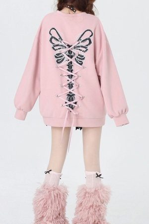 Casual Day Outfits, Easy Trendy Outfits Grunge Lace-Up Butterfly Skeleton Sweatshirt