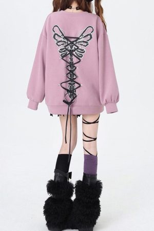 Casual Day Outfits, Easy Trendy Outfits Grunge Lace-Up Butterfly Skeleton Sweatshirt
