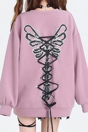 Casual Day Outfits, Easy Trendy Outfits Grunge Lace-Up Butterfly Skeleton Sweatshirt