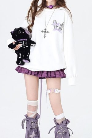 Casual Day Outfits, Easy Trendy Outfits Grunge Lace-Up Butterfly Skeleton Sweatshirt