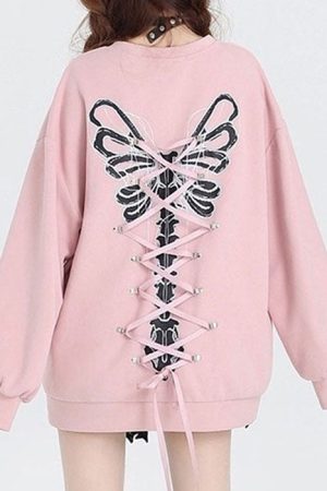 Casual Day Outfits, Easy Trendy Outfits Grunge Lace-Up Butterfly Skeleton Sweatshirt