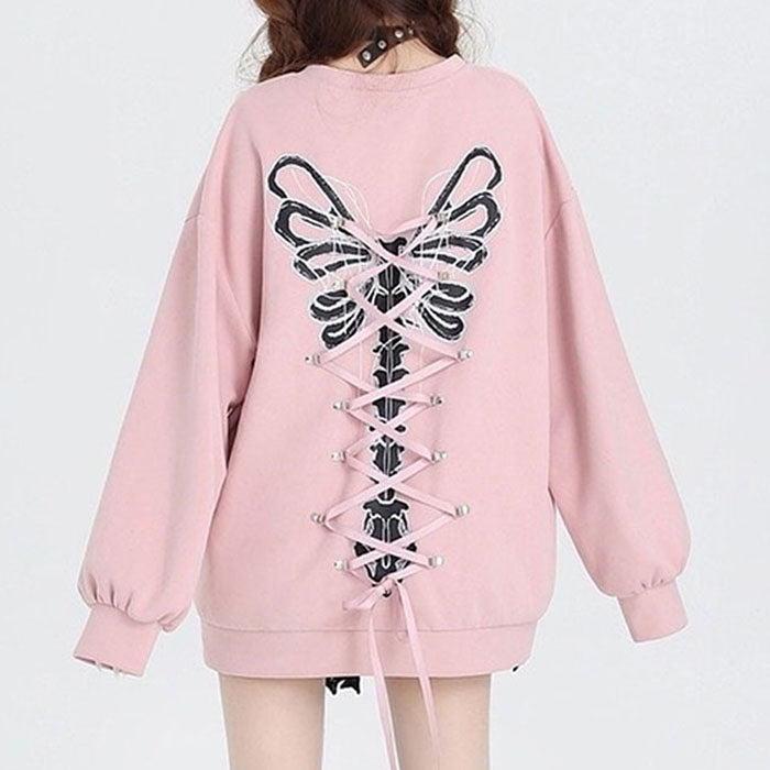 Casual Day Outfits, Easy Trendy Outfits Grunge Lace-Up Butterfly Skeleton Sweatshirt Casual Day Outfits, Easy Trendy Outfits Grunge Lace-Up Butterfly Skeleton Sweatshirt