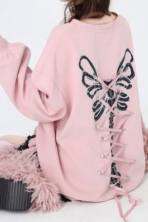 Casual Day Outfits, Easy Trendy Outfits Grunge Lace-Up Butterfly Skeleton Sweatshirt