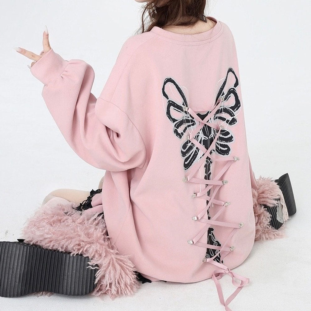 Casual Day Outfits, Easy Trendy Outfits Grunge Lace-Up Butterfly Skeleton Sweatshirt Casual Day Outfits, Easy Trendy Outfits Grunge Lace-Up Butterfly Skeleton Sweatshirt