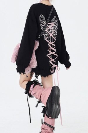 Casual Day Outfits, Easy Trendy Outfits Grunge Lace-Up Butterfly Skeleton Sweatshirt