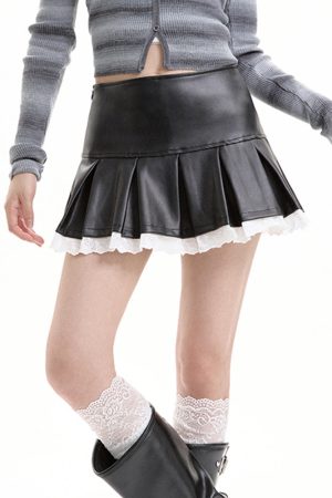 Casual Day Outfits, Easy Trendy Outfits Grunge Leather Lace Mini Skirt