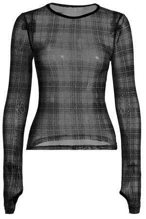 Casual Day Outfits, Easy Trendy Outfits Grunge Plaid Mesh Long Sleeve Top