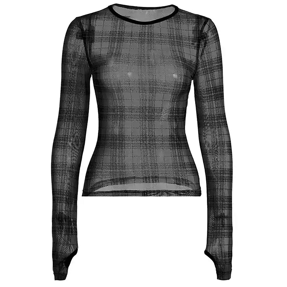 Casual Day Outfits, Easy Trendy Outfits Grunge Plaid Mesh Long Sleeve Top Casual Day Outfits, Easy Trendy Outfits Grunge Plaid Mesh Long Sleeve Top