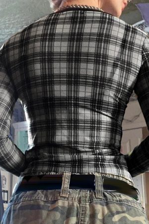Casual Day Outfits, Easy Trendy Outfits Grunge Plaid Mesh Long Sleeve Top