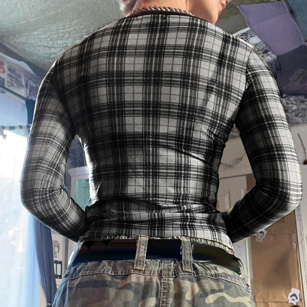 Casual Day Outfits, Easy Trendy Outfits Grunge Plaid Mesh Long Sleeve Top Casual Day Outfits, Easy Trendy Outfits Grunge Plaid Mesh Long Sleeve Top