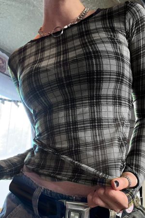 Casual Day Outfits, Easy Trendy Outfits Grunge Plaid Mesh Long Sleeve Top