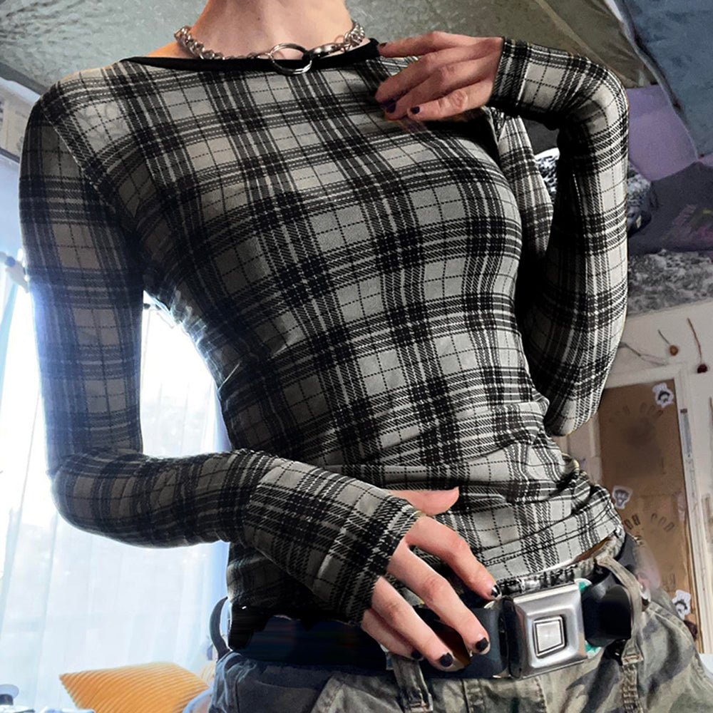Casual Day Outfits, Easy Trendy Outfits Grunge Plaid Mesh Long Sleeve Top Casual Day Outfits, Easy Trendy Outfits Grunge Plaid Mesh Long Sleeve Top