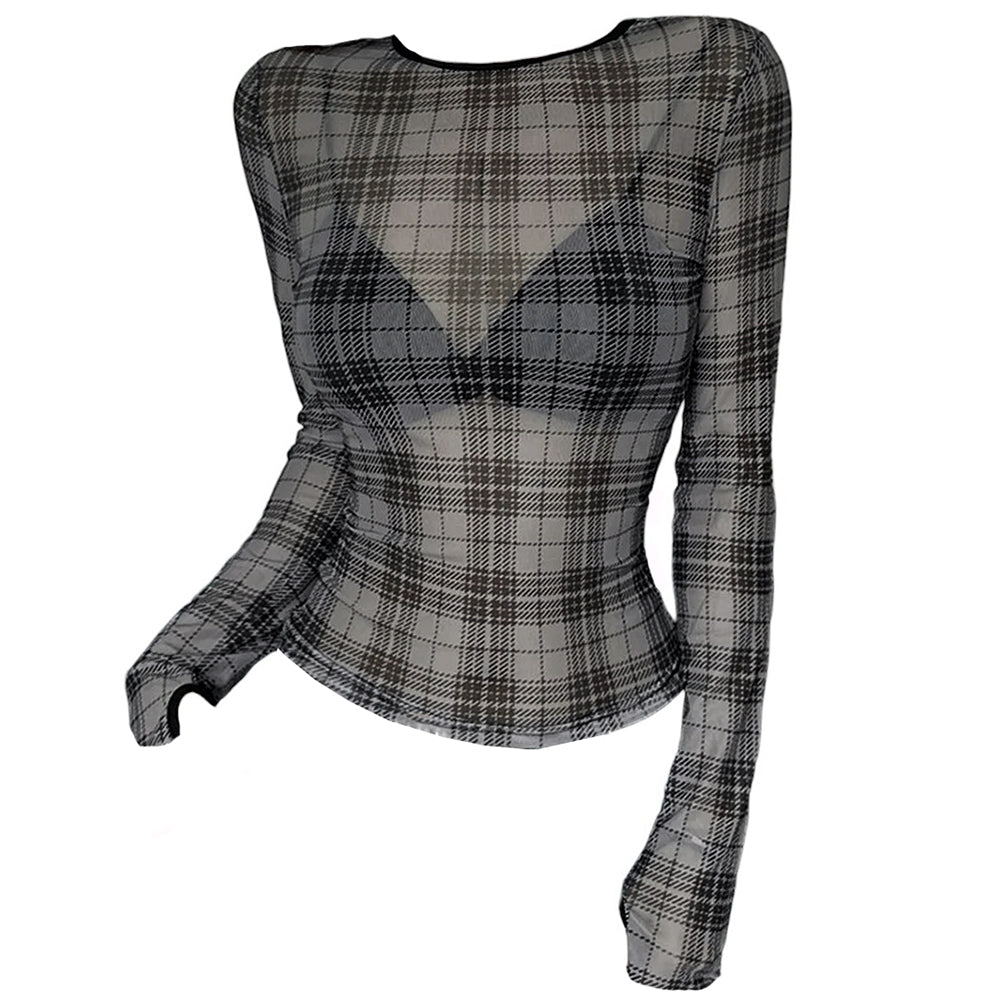 Casual Day Outfits, Easy Trendy Outfits Grunge Plaid Mesh Long Sleeve Top Casual Day Outfits, Easy Trendy Outfits Grunge Plaid Mesh Long Sleeve Top