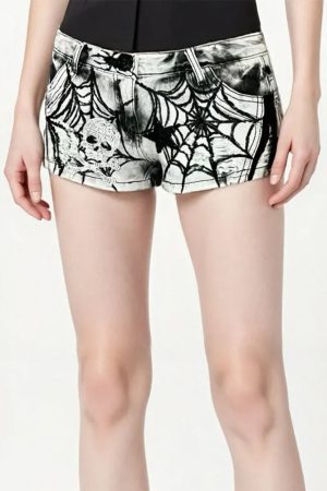 Casual Day Outfits, Easy Trendy Outfits Grunge Spider Web Print Denim Shorts