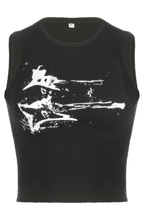 Casual Day Outfits, Easy Trendy Outfits Guitar Print Ribbed Top