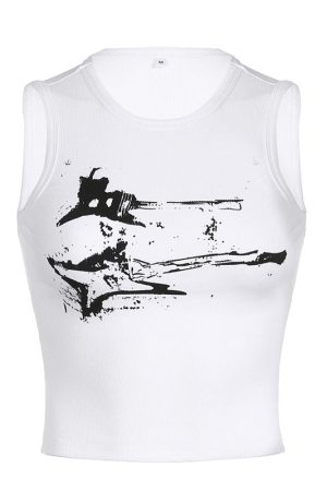 Casual Day Outfits, Easy Trendy Outfits Guitar Print Ribbed Top