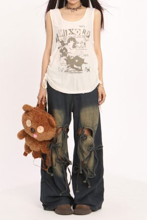 Casual Day Outfits, Easy Trendy Outfits Heart Bow Wide Leg Skater Jeans