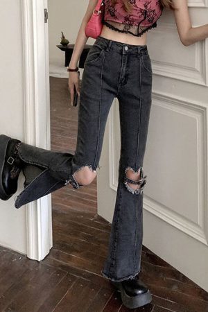 Casual Day Outfits, Easy Trendy Outfits Heart Cut Out Grunge Flare Jeans