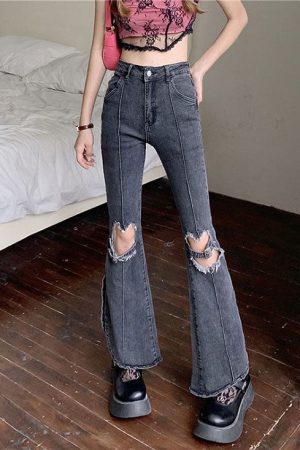 Casual Day Outfits, Easy Trendy Outfits Heart Cut Out Grunge Flare Jeans