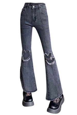 Casual Day Outfits, Easy Trendy Outfits Heart Cut Out Grunge Flare Jeans