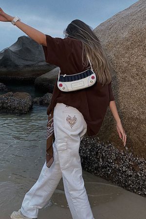 Casual Day Outfits, Easy Trendy Outfits Heart Embroidery Cargo Jeans