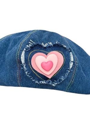 Casual Day Outfits, Easy Trendy Outfits Heart Patch Denim Beret Hat