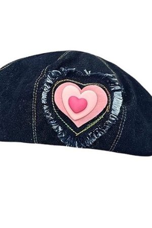 Casual Day Outfits, Easy Trendy Outfits Heart Patch Denim Beret Hat