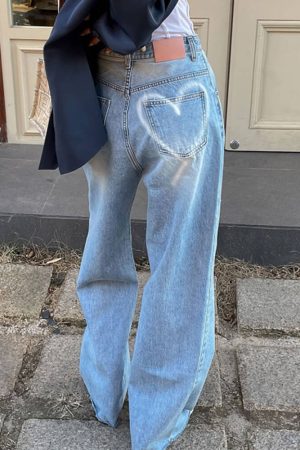 Casual Day Outfits, Easy Trendy Outfits Heart Print Pocket Wide Leg Jeans
