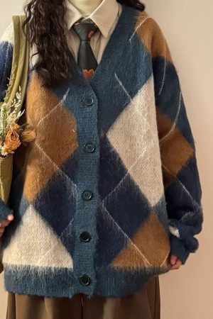 Casual Day Outfits, Easy Trendy Outfits High School Loose Fit Argyle Cardigan