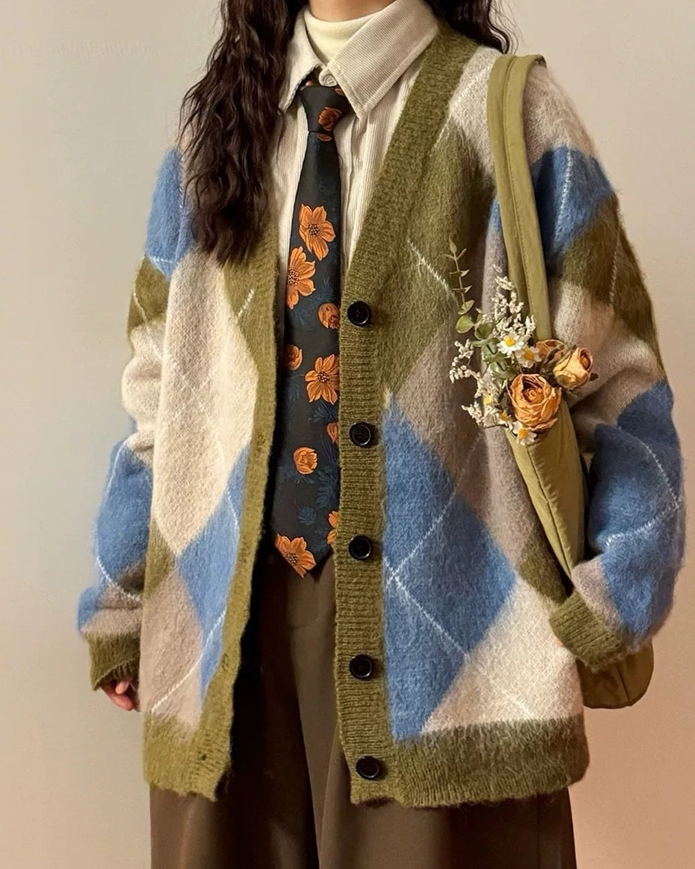 Casual Day Outfits, Easy Trendy Outfits High School Loose Fit Argyle Cardigan Casual Day Outfits, Easy Trendy Outfits High School Loose Fit Argyle Cardigan