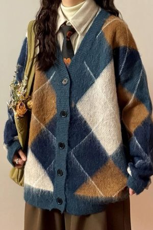 Casual Day Outfits, Easy Trendy Outfits High School Loose Fit Argyle Cardigan