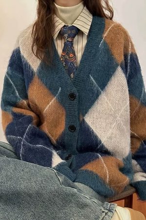 Casual Day Outfits, Easy Trendy Outfits High School Loose Fit Argyle Cardigan