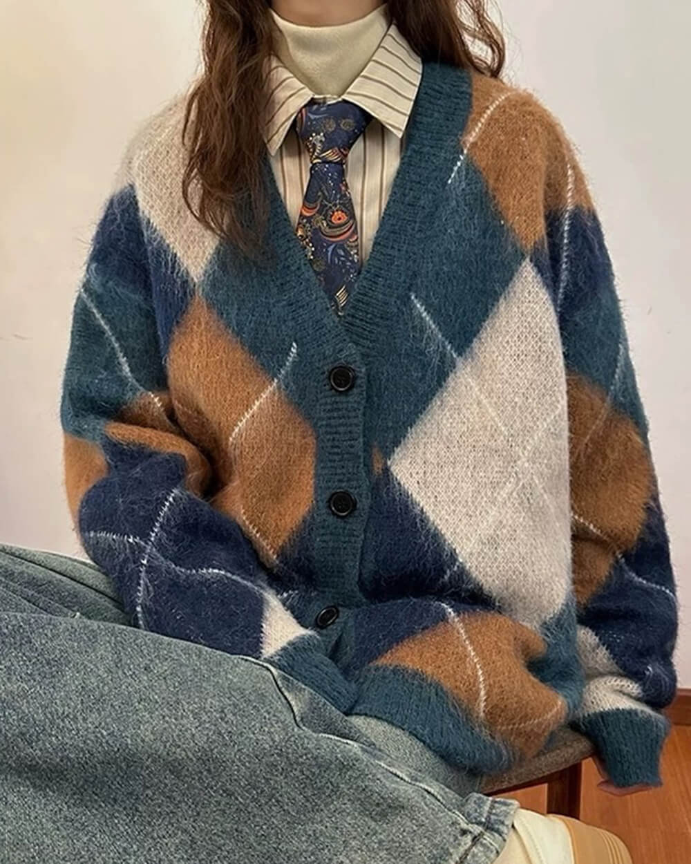 Casual Day Outfits, Easy Trendy Outfits High School Loose Fit Argyle Cardigan Casual Day Outfits, Easy Trendy Outfits High School Loose Fit Argyle Cardigan