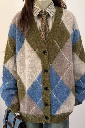 Casual Day Outfits, Easy Trendy Outfits High School Loose Fit Argyle Cardigan