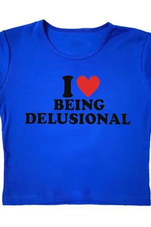 Casual Day Outfits, Easy Trendy Outfits I Love Being Delusional Y2K Crop Top