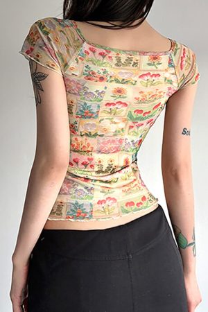 Casual Day Outfits, Easy Trendy Outfits In The Garden Floral Mesh Top