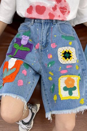 Casual Day Outfits, Easy Trendy Outfits Indie Aesthetic Crochet Flower Denim Shorts