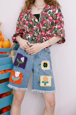 Casual Day Outfits, Easy Trendy Outfits Indie Aesthetic Crochet Flower Denim Shorts