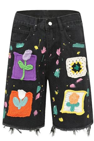 Casual Day Outfits, Easy Trendy Outfits Indie Aesthetic Crochet Flower Denim Shorts