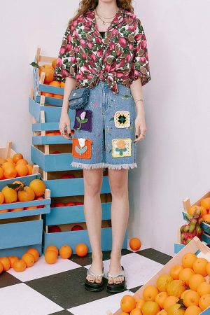 Casual Day Outfits, Easy Trendy Outfits Indie Aesthetic Crochet Flower Denim Shorts