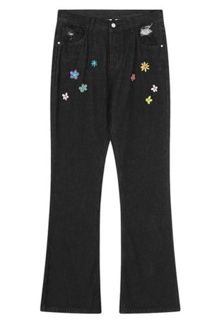 Casual Day Outfits, Easy Trendy Outfits Indie Aesthetic Flower Embroidery Jeans