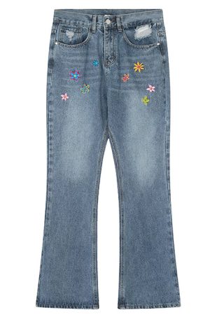 Casual Day Outfits, Easy Trendy Outfits Indie Aesthetic Flower Embroidery Jeans